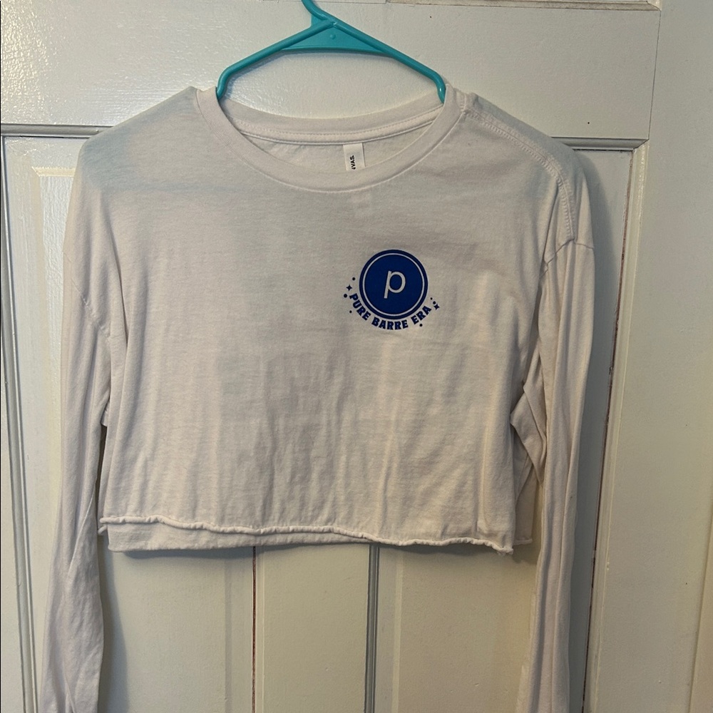 Pure Barre White Cropped Long Sleeve with Blue Logo